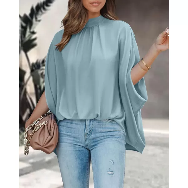 BTFBM Women Mock Neck Batwing Short Sleeve Summer Tops 2024 Spring Loose High Low Hem Casual Oversize Blouses Shirts TopSolid Light Blue