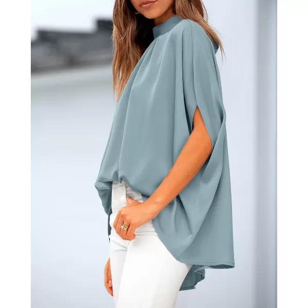 BTFBM Women Mock Neck Batwing Short Sleeve Summer Tops 2024 Spring Loose High Low Hem Casual Oversize Blouses Shirts TopSolid Light Blue