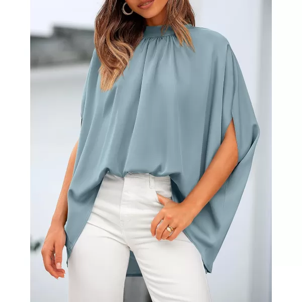 BTFBM Women Mock Neck Batwing Short Sleeve Summer Tops 2024 Spring Loose High Low Hem Casual Oversize Blouses Shirts TopSolid Light Blue
