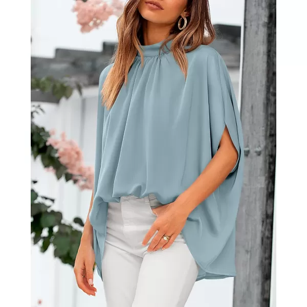 BTFBM Women Mock Neck Batwing Short Sleeve Summer Tops 2024 Spring Loose High Low Hem Casual Oversize Blouses Shirts TopSolid Light Blue