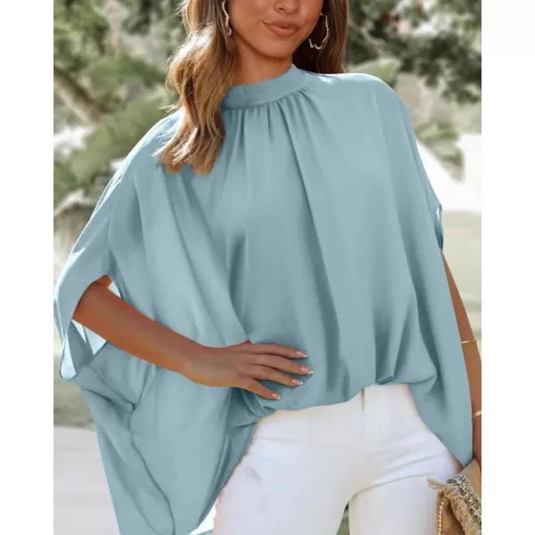 BTFBM Women Mock Neck Batwing Short Sleeve Summer Tops 2024 Spring Loose High Low Hem Casual Oversize Blouses Shirts TopSolid Light Blue