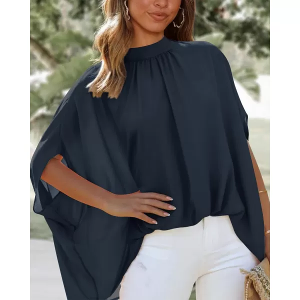 BTFBM Women Mock Neck Batwing Short Sleeve Summer Tops 2024 Spring Loose High Low Hem Casual Oversize Blouses Shirts TopSolid Navy