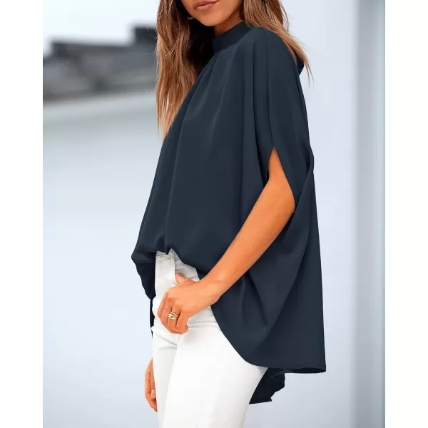 BTFBM Women Mock Neck Batwing Short Sleeve Summer Tops 2024 Spring Loose High Low Hem Casual Oversize Blouses Shirts TopSolid Navy