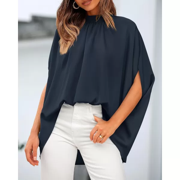 BTFBM Women Mock Neck Batwing Short Sleeve Summer Tops 2024 Spring Loose High Low Hem Casual Oversize Blouses Shirts TopSolid Navy
