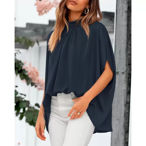 BTFBM Women Mock Neck Batwing Short Sleeve Summer Tops 2024 Spring Loose High Low Hem Casual Oversize Blouses Shirts TopSolid Navy