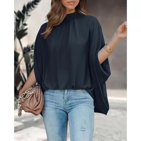 BTFBM Women Mock Neck Batwing Short Sleeve Summer Tops 2024 Spring Loose High Low Hem Casual Oversize Blouses Shirts TopSolid Navy