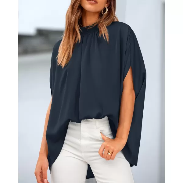 BTFBM Women Mock Neck Batwing Short Sleeve Summer Tops 2024 Spring Loose High Low Hem Casual Oversize Blouses Shirts TopSolid Navy