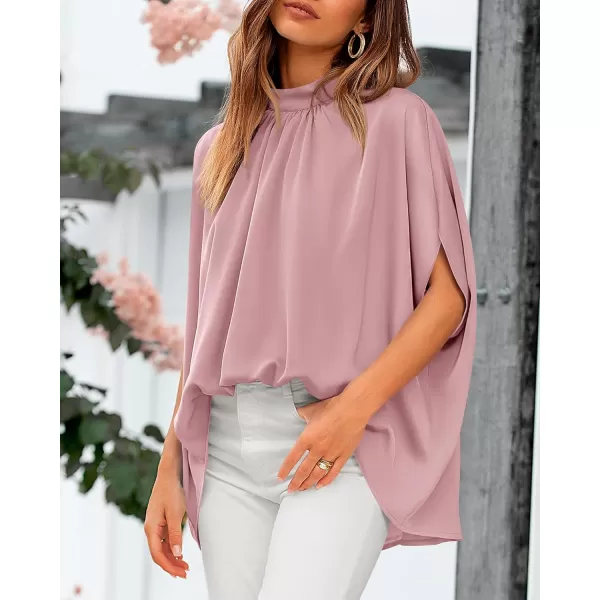 BTFBM Women Mock Neck Batwing Short Sleeve Summer Tops 2024 Spring Loose High Low Hem Casual Oversize Blouses Shirts TopSolid Pink