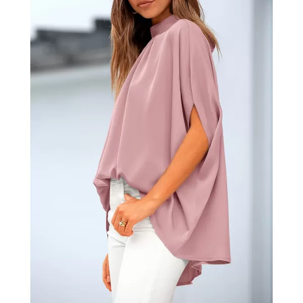 BTFBM Women Mock Neck Batwing Short Sleeve Summer Tops 2024 Spring Loose High Low Hem Casual Oversize Blouses Shirts TopSolid Pink