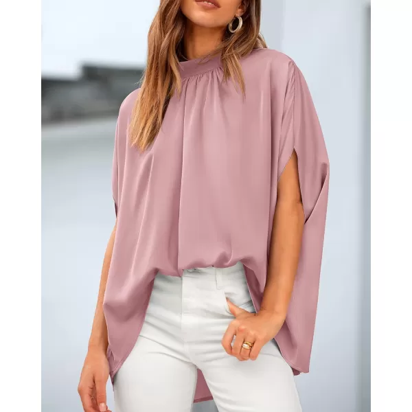 BTFBM Women Mock Neck Batwing Short Sleeve Summer Tops 2024 Spring Loose High Low Hem Casual Oversize Blouses Shirts TopSolid Pink