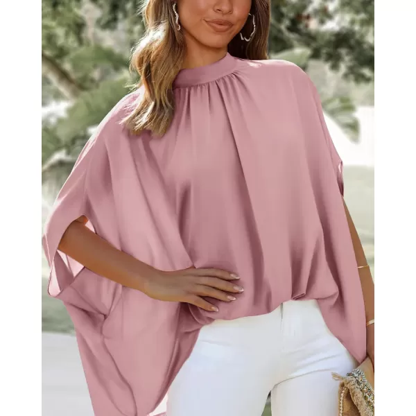 BTFBM Women Mock Neck Batwing Short Sleeve Summer Tops 2024 Spring Loose High Low Hem Casual Oversize Blouses Shirts TopSolid Pink
