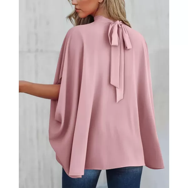 BTFBM Women Mock Neck Batwing Short Sleeve Summer Tops 2024 Spring Loose High Low Hem Casual Oversize Blouses Shirts TopSolid Pink