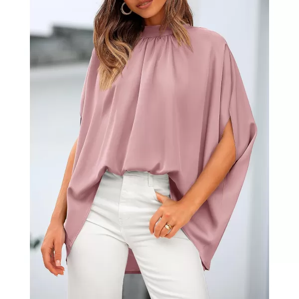 BTFBM Women Mock Neck Batwing Short Sleeve Summer Tops 2024 Spring Loose High Low Hem Casual Oversize Blouses Shirts TopSolid Pink