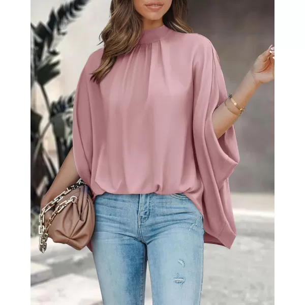 BTFBM Women Mock Neck Batwing Short Sleeve Summer Tops 2024 Spring Loose High Low Hem Casual Oversize Blouses Shirts TopSolid Pink