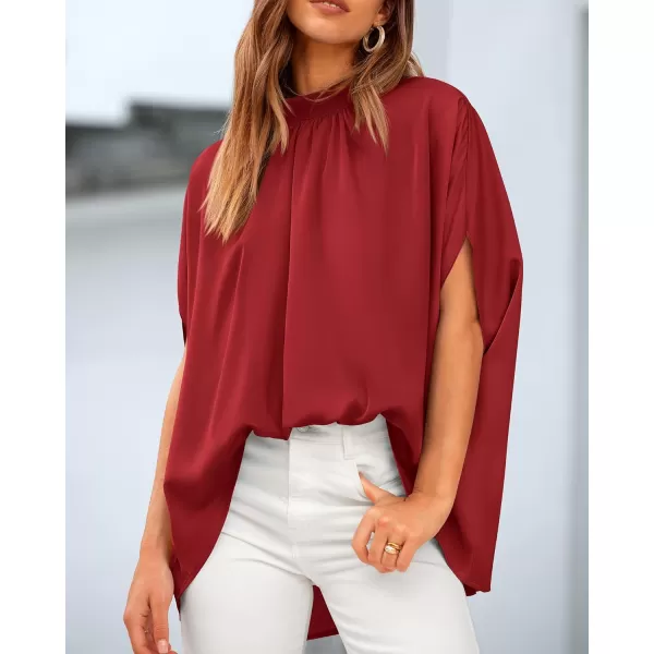 BTFBM Women Mock Neck Batwing Short Sleeve Summer Tops 2024 Spring Loose High Low Hem Casual Oversize Blouses Shirts TopSolid Red