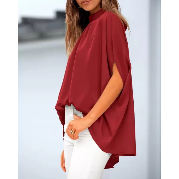 BTFBM Women Mock Neck Batwing Short Sleeve Summer Tops 2024 Spring Loose High Low Hem Casual Oversize Blouses Shirts TopSolid Red