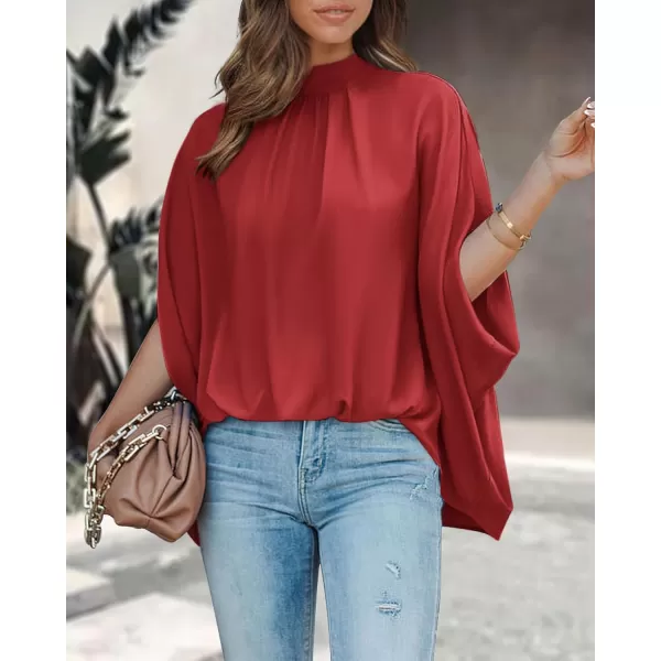 BTFBM Women Mock Neck Batwing Short Sleeve Summer Tops 2024 Spring Loose High Low Hem Casual Oversize Blouses Shirts TopSolid Red