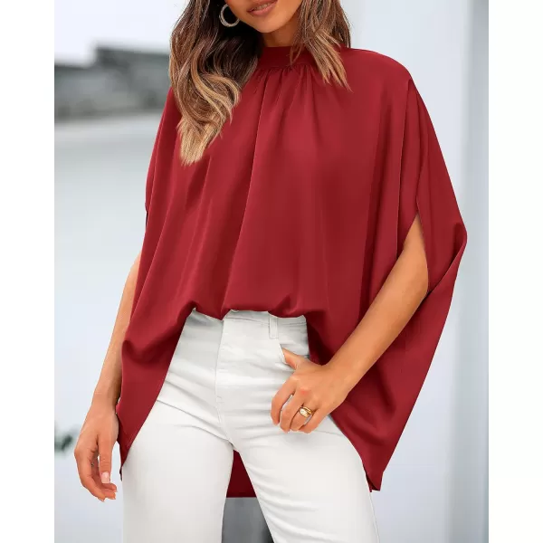 BTFBM Women Mock Neck Batwing Short Sleeve Summer Tops 2024 Spring Loose High Low Hem Casual Oversize Blouses Shirts TopSolid Red