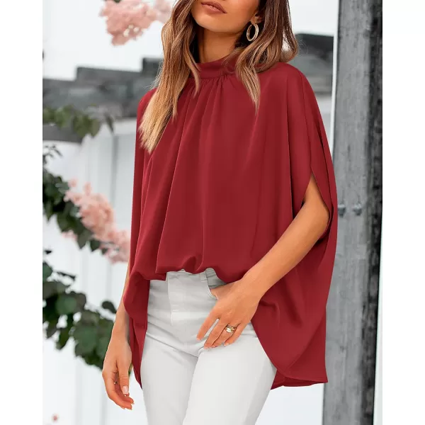 BTFBM Women Mock Neck Batwing Short Sleeve Summer Tops 2024 Spring Loose High Low Hem Casual Oversize Blouses Shirts TopSolid Red