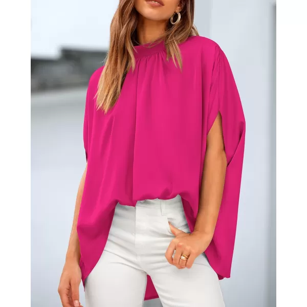 BTFBM Women Mock Neck Batwing Short Sleeve Summer Tops 2024 Spring Loose High Low Hem Casual Oversize Blouses Shirts TopSolid Rose Red