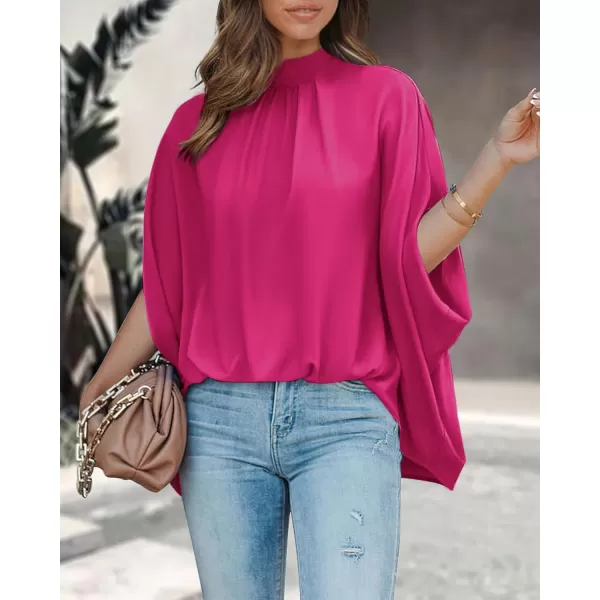 BTFBM Women Mock Neck Batwing Short Sleeve Summer Tops 2024 Spring Loose High Low Hem Casual Oversize Blouses Shirts TopSolid Rose Red