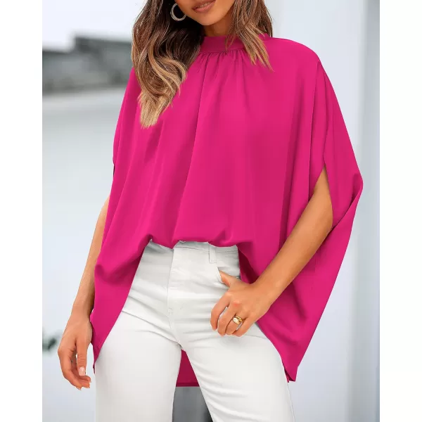 BTFBM Women Mock Neck Batwing Short Sleeve Summer Tops 2024 Spring Loose High Low Hem Casual Oversize Blouses Shirts TopSolid Rose Red