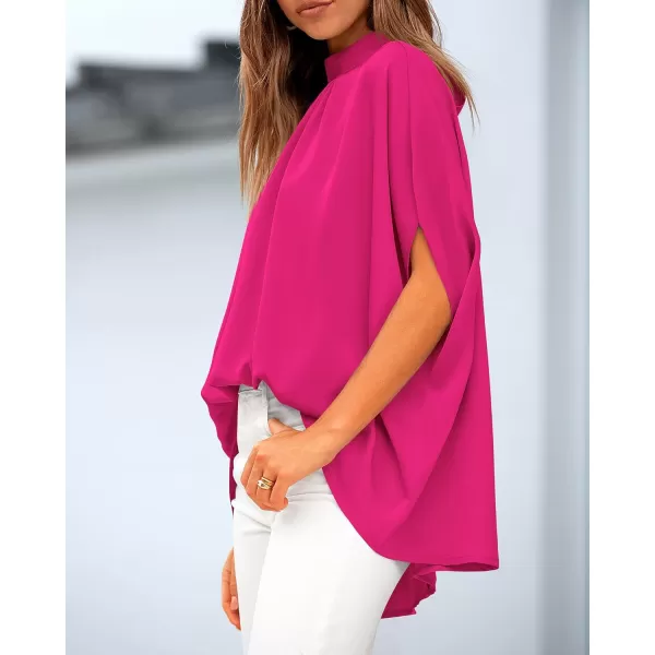 BTFBM Women Mock Neck Batwing Short Sleeve Summer Tops 2024 Spring Loose High Low Hem Casual Oversize Blouses Shirts TopSolid Rose Red