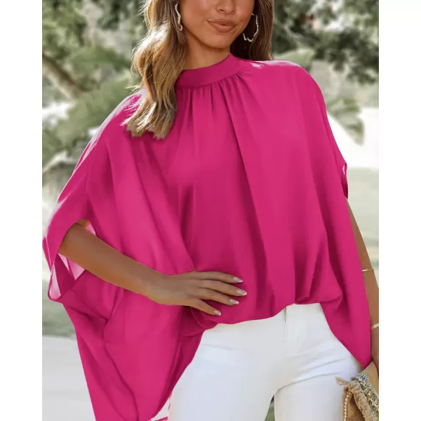 BTFBM Women Mock Neck Batwing Short Sleeve Summer Tops 2024 Spring Loose High Low Hem Casual Oversize Blouses Shirts TopSolid Rose Red