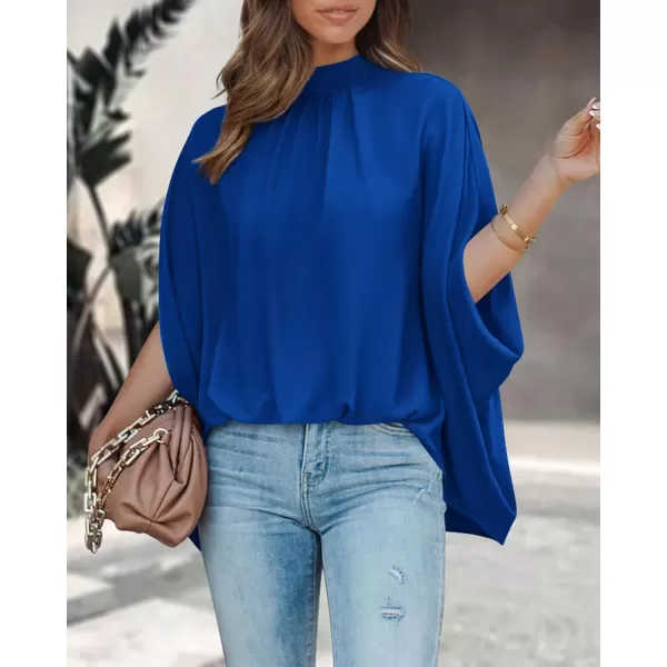 BTFBM Women Mock Neck Batwing Short Sleeve Summer Tops 2024 Spring Loose High Low Hem Casual Oversize Blouses Shirts TopSolid Royal Blue
