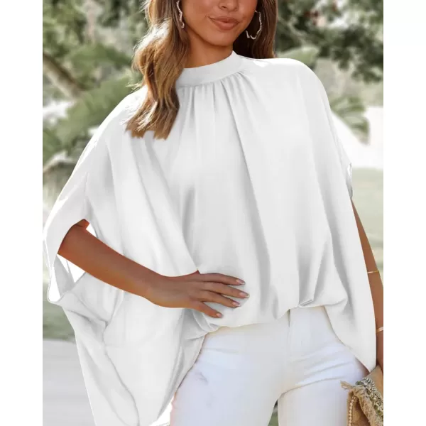 BTFBM Women Mock Neck Batwing Short Sleeve Summer Tops 2024 Spring Loose High Low Hem Casual Oversize Blouses Shirts TopSolid White