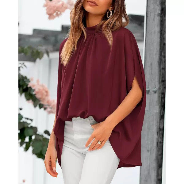 BTFBM Women Mock Neck Batwing Short Sleeve Summer Tops 2024 Spring Loose High Low Hem Casual Oversize Blouses Shirts TopSolid Wine Red