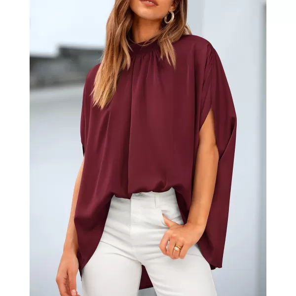 BTFBM Women Mock Neck Batwing Short Sleeve Summer Tops 2024 Spring Loose High Low Hem Casual Oversize Blouses Shirts TopSolid Wine Red