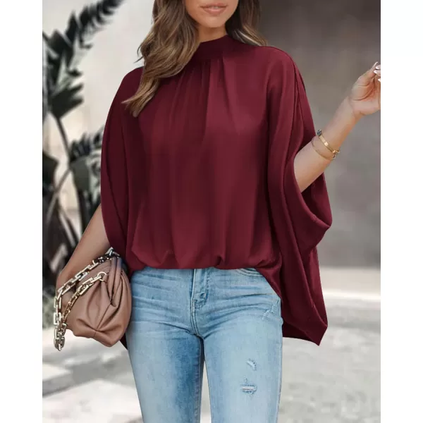 BTFBM Women Mock Neck Batwing Short Sleeve Summer Tops 2024 Spring Loose High Low Hem Casual Oversize Blouses Shirts TopSolid Wine Red