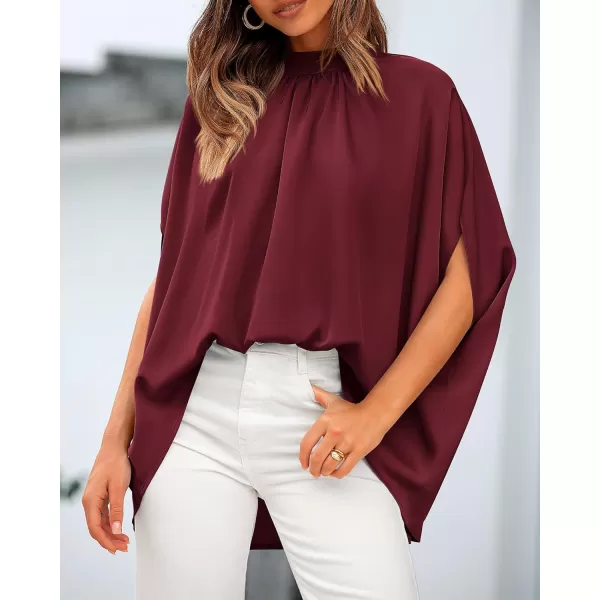 BTFBM Women Mock Neck Batwing Short Sleeve Summer Tops 2024 Spring Loose High Low Hem Casual Oversize Blouses Shirts TopSolid Wine Red