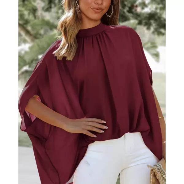 BTFBM Women Mock Neck Batwing Short Sleeve Summer Tops 2024 Spring Loose High Low Hem Casual Oversize Blouses Shirts TopSolid Wine Red