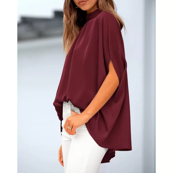 BTFBM Women Mock Neck Batwing Short Sleeve Summer Tops 2024 Spring Loose High Low Hem Casual Oversize Blouses Shirts TopSolid Wine Red