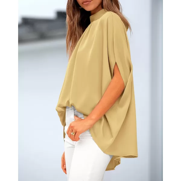 BTFBM Women Mock Neck Batwing Short Sleeve Summer Tops 2024 Spring Loose High Low Hem Casual Oversize Blouses Shirts TopSolid Yellow