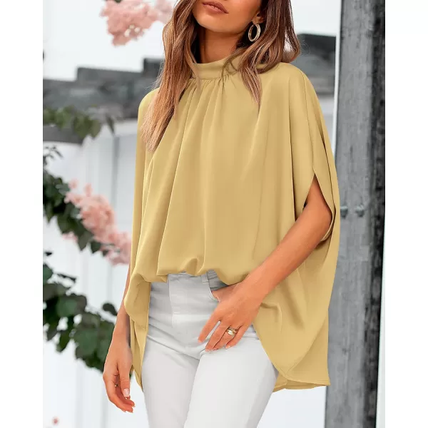 BTFBM Women Mock Neck Batwing Short Sleeve Summer Tops 2024 Spring Loose High Low Hem Casual Oversize Blouses Shirts TopSolid Yellow