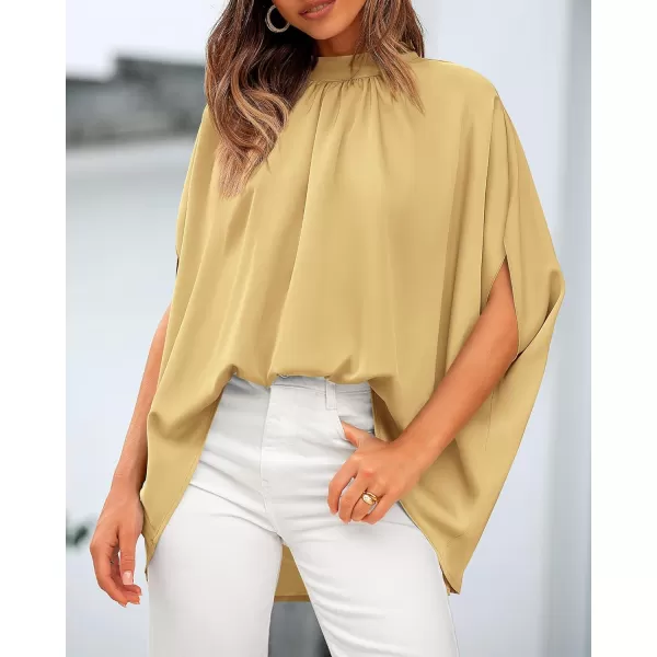 BTFBM Women Mock Neck Batwing Short Sleeve Summer Tops 2024 Spring Loose High Low Hem Casual Oversize Blouses Shirts TopSolid Yellow