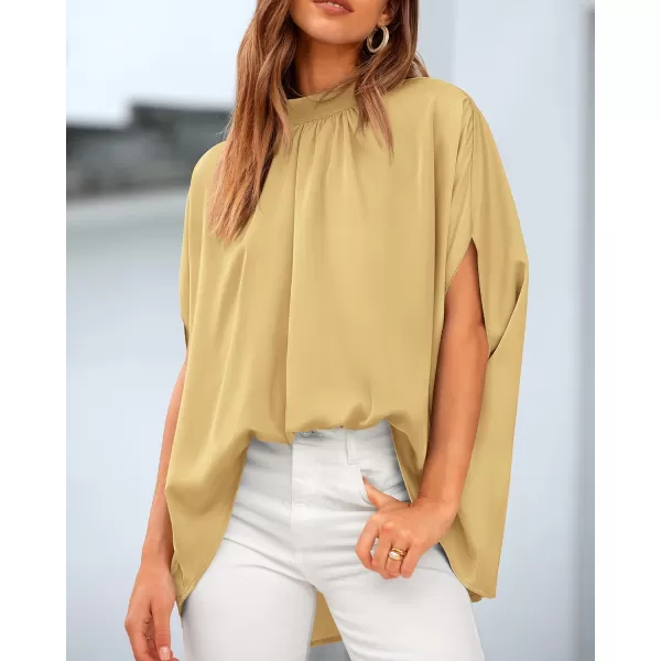 BTFBM Women Mock Neck Batwing Short Sleeve Summer Tops 2024 Spring Loose High Low Hem Casual Oversize Blouses Shirts TopSolid Yellow