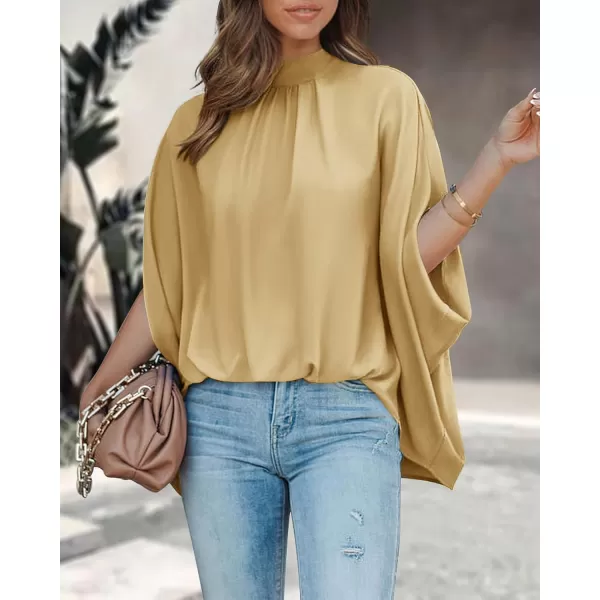 BTFBM Women Mock Neck Batwing Short Sleeve Summer Tops 2024 Spring Loose High Low Hem Casual Oversize Blouses Shirts TopSolid Yellow