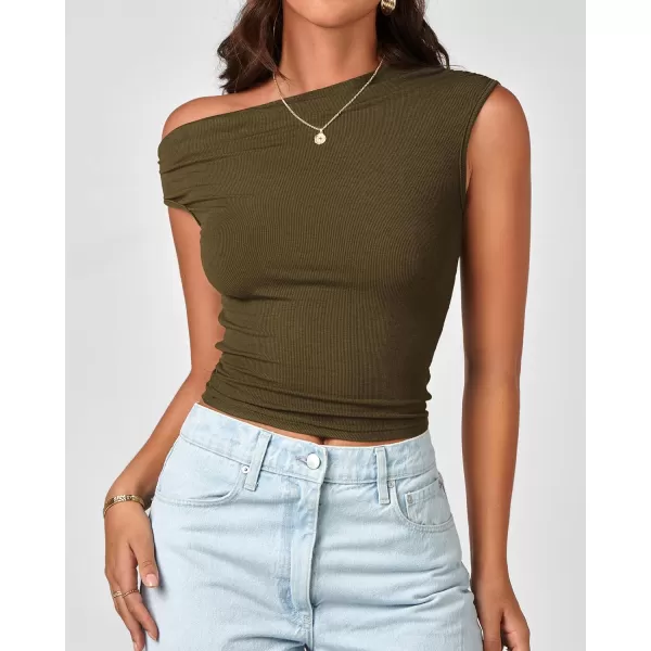BTFBM Women Off The Shoulder Tops 2024 Summer Sleeveless Ruched Ribbed Shirt Asymmetrical Slim Fit Y2K Going Out TopSolid Army Green