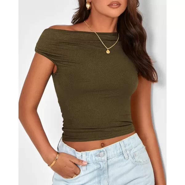 BTFBM Women Off The Shoulder Tops 2024 Summer Sleeveless Ruched Ribbed Shirt Asymmetrical Slim Fit Y2K Going Out TopSolid Army Green