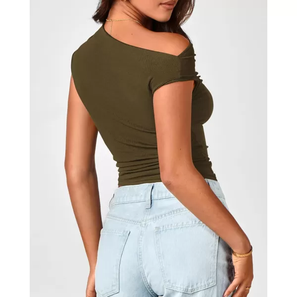 BTFBM Women Off The Shoulder Tops 2024 Summer Sleeveless Ruched Ribbed Shirt Asymmetrical Slim Fit Y2K Going Out TopSolid Army Green