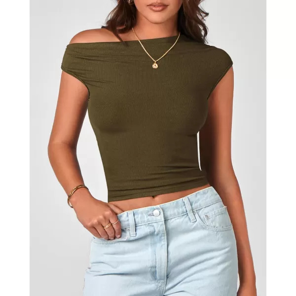 BTFBM Women Off The Shoulder Tops 2024 Summer Sleeveless Ruched Ribbed Shirt Asymmetrical Slim Fit Y2K Going Out TopSolid Army Green