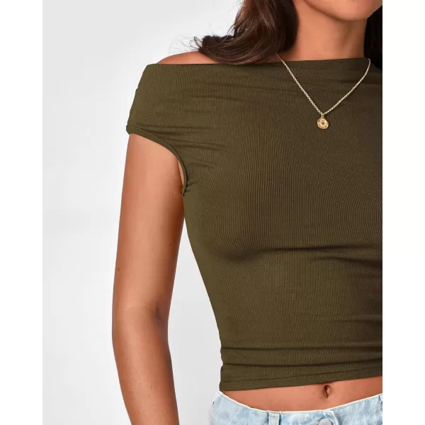 BTFBM Women Off The Shoulder Tops 2024 Summer Sleeveless Ruched Ribbed Shirt Asymmetrical Slim Fit Y2K Going Out TopSolid Army Green