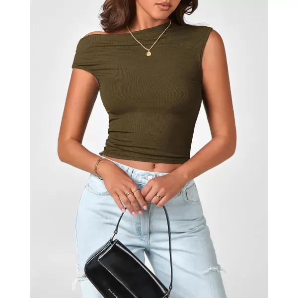 BTFBM Women Off The Shoulder Tops 2024 Summer Sleeveless Ruched Ribbed Shirt Asymmetrical Slim Fit Y2K Going Out TopSolid Army Green