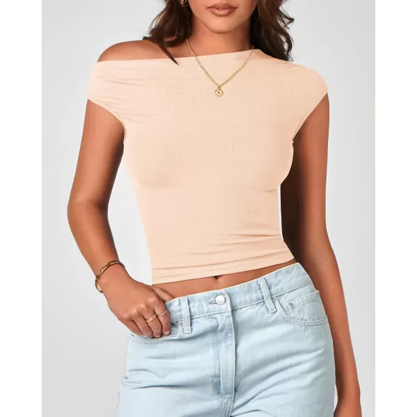 BTFBM Women Off The Shoulder Tops 2024 Summer Sleeveless Ruched Ribbed Shirt Asymmetrical Slim Fit Y2K Going Out TopSolid Beige