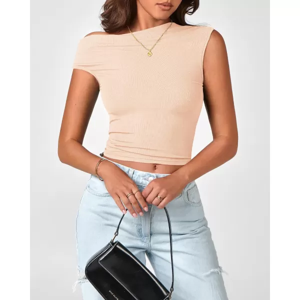 BTFBM Women Off The Shoulder Tops 2024 Summer Sleeveless Ruched Ribbed Shirt Asymmetrical Slim Fit Y2K Going Out TopSolid Beige