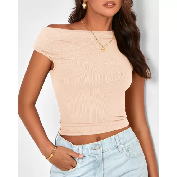 BTFBM Women Off The Shoulder Tops 2024 Summer Sleeveless Ruched Ribbed Shirt Asymmetrical Slim Fit Y2K Going Out TopSolid Beige
